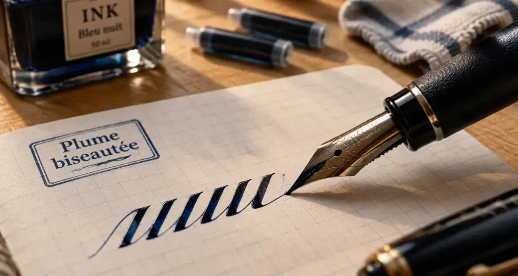 Calligraphie stylo plume : plume biseautée italique et encre