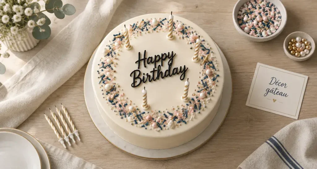 Décor gateaux : gâteau blanc avec cake topper et bougies