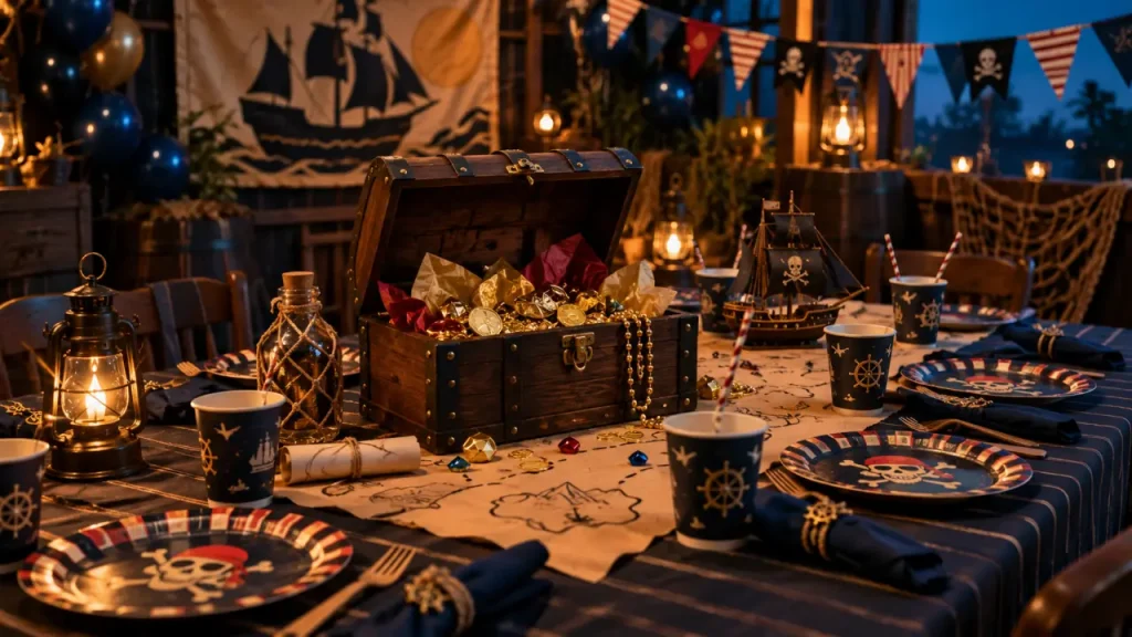 Décoration anniversaire pirate : une table de navire et un vrai parcours au trésor