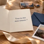 Demande témoin mariage : carte complice sur table en bois
