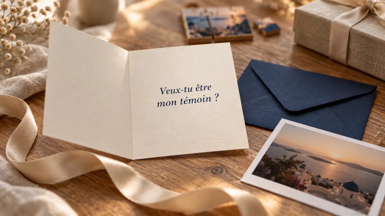 Demande témoin mariage : carte complice sur table en bois