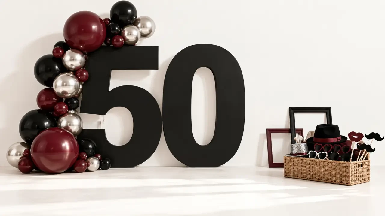 Déco 50 ans avec espace photobooth, accessoires photo et grand chiffre 50