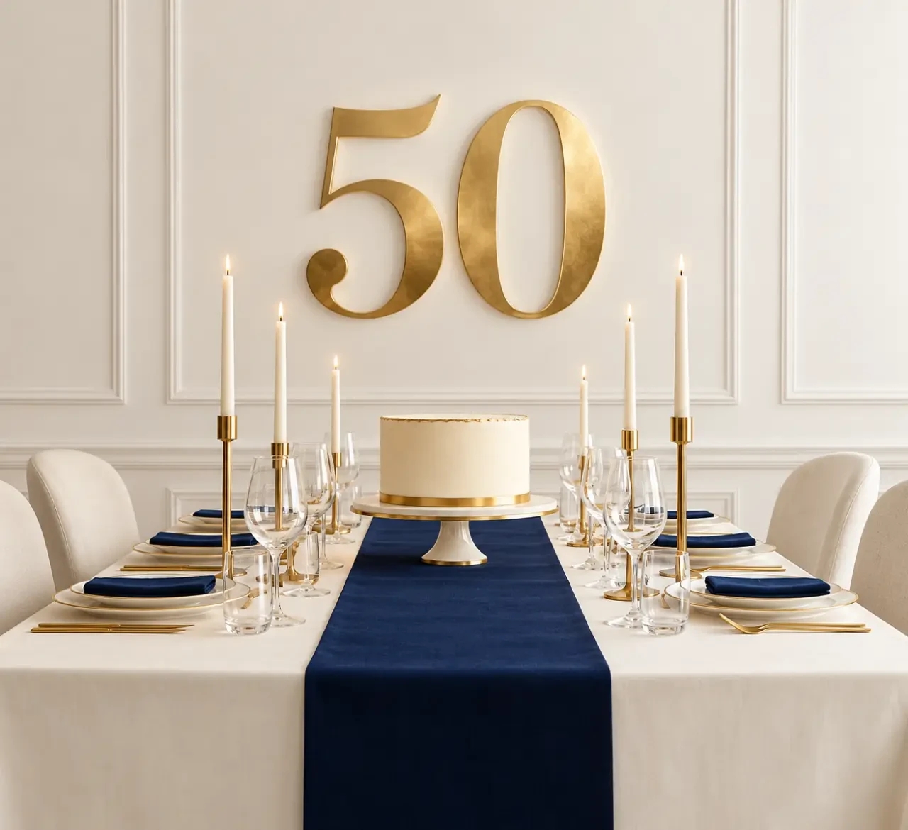 Déco 50 ans élégante avec table coordonnée, gâteau et chiffre 50 doré