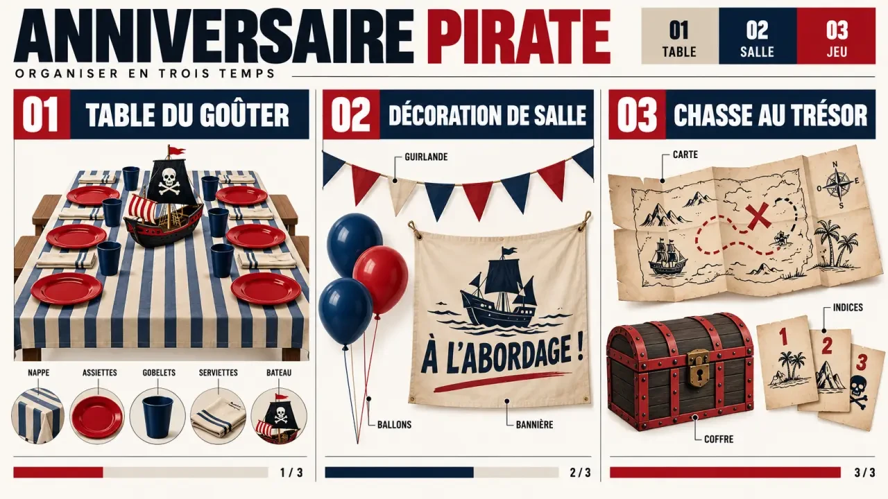 Visuel éditorial de décoration anniversaire pirate avec table, guirlande, coffre et chasse au trésor
