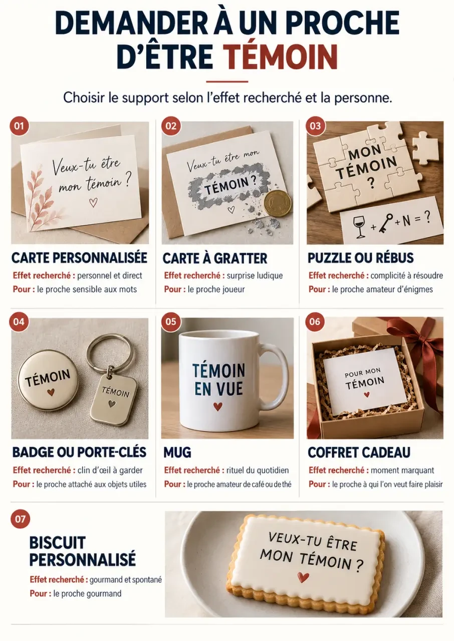 Infographie des supports pour une demande témoin mariage : carte, puzzle, coffret et cadeau personnalisé