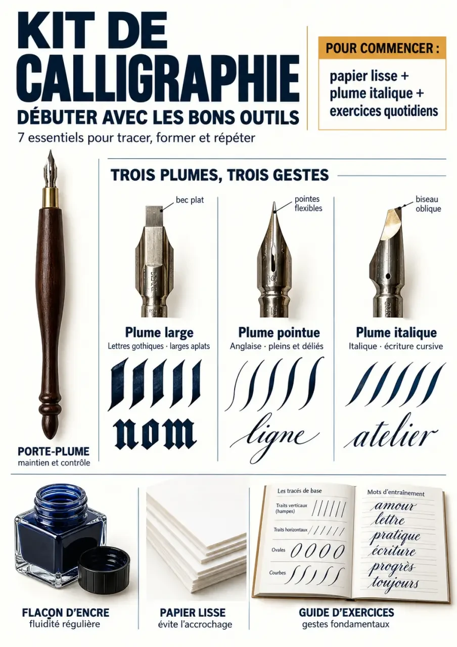Kit calligraphie pour débutant avec porte-plume, plumes, encre, papier et guide d’exercices