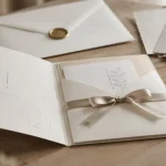 Faire part mariage chic, papier ivoire mat et ruban satin sur table en bois clair