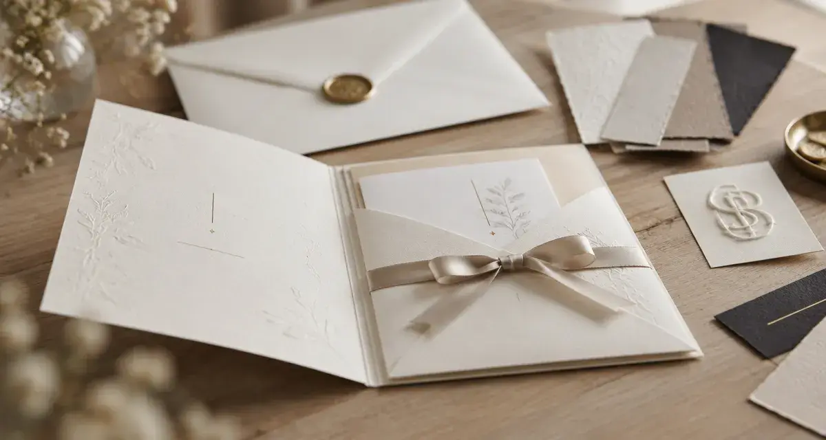 Faire part mariage chic, papier ivoire mat et ruban satin sur table en bois clair