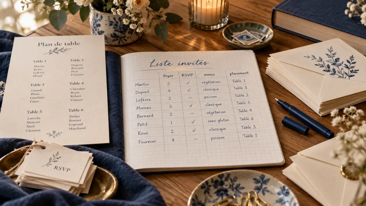 Liste invités mariage : tableau RSVP et menu sur papier
