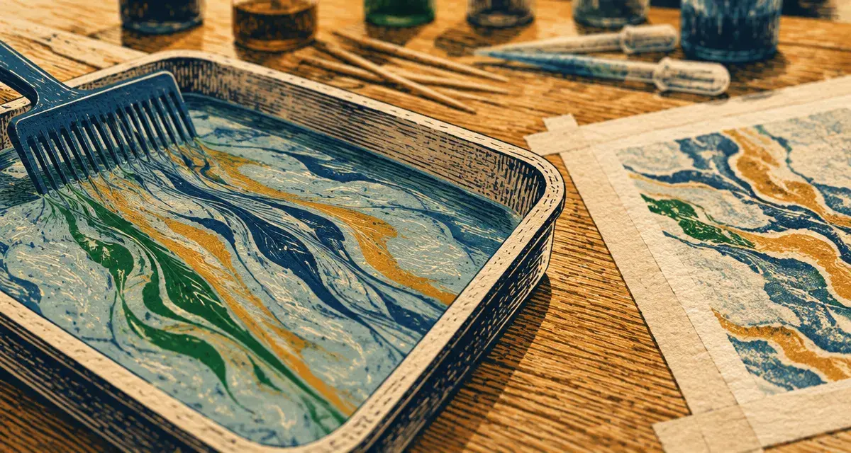 Marbrure sur papier : motifs flottants au bain bleu sur feuille aquarelle