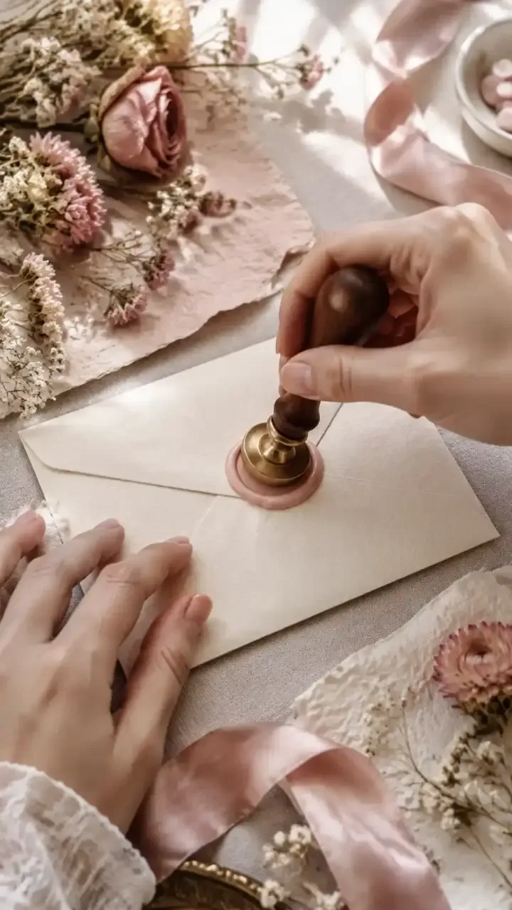 Mains scellant une enveloppe ivoire avec un cachet de cire, rubans rose poudré et fleurs séchées