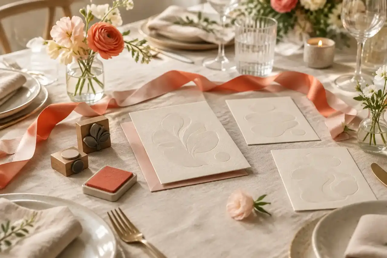 Table de fête dressée avec faire-part letterpress, tampons encreurs et ruban corail